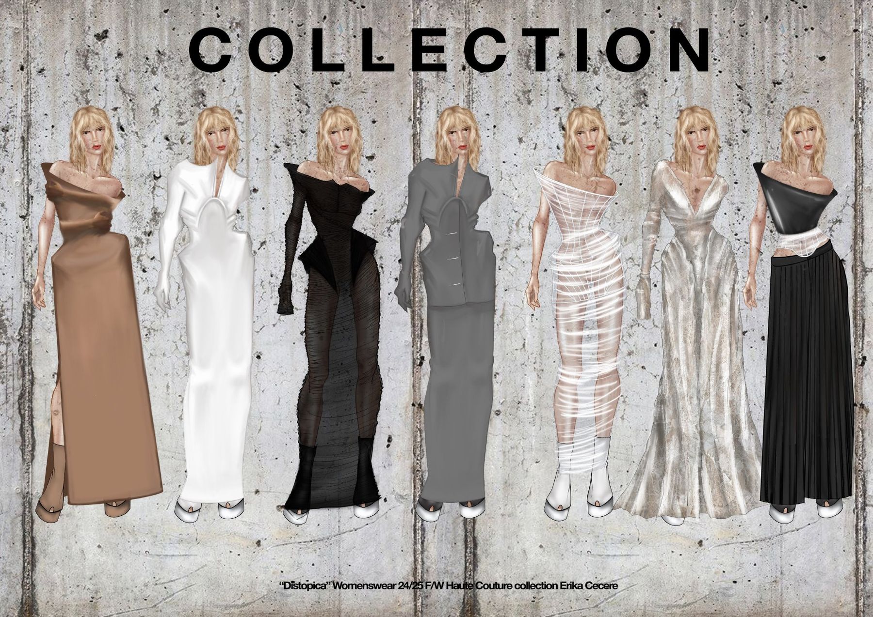 Seven illustrated looks from the DISTOPICA collection