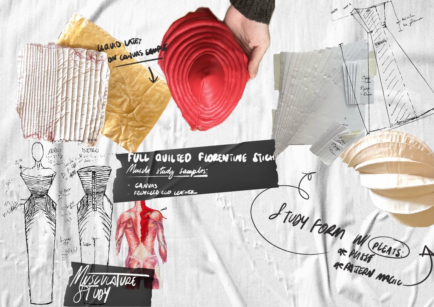 Research board with latex samples, quilting and musculature studies