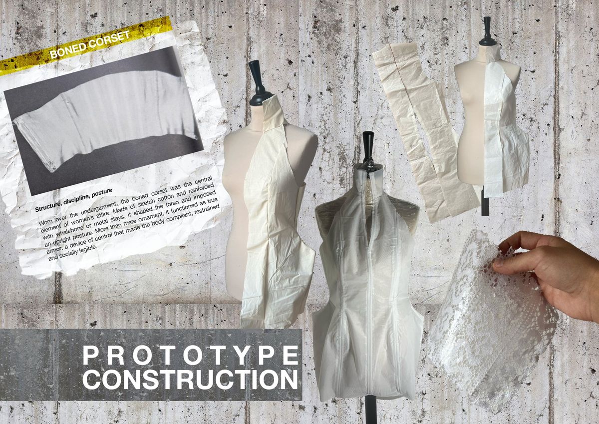 Prototype construction of the boned corset on mannequins