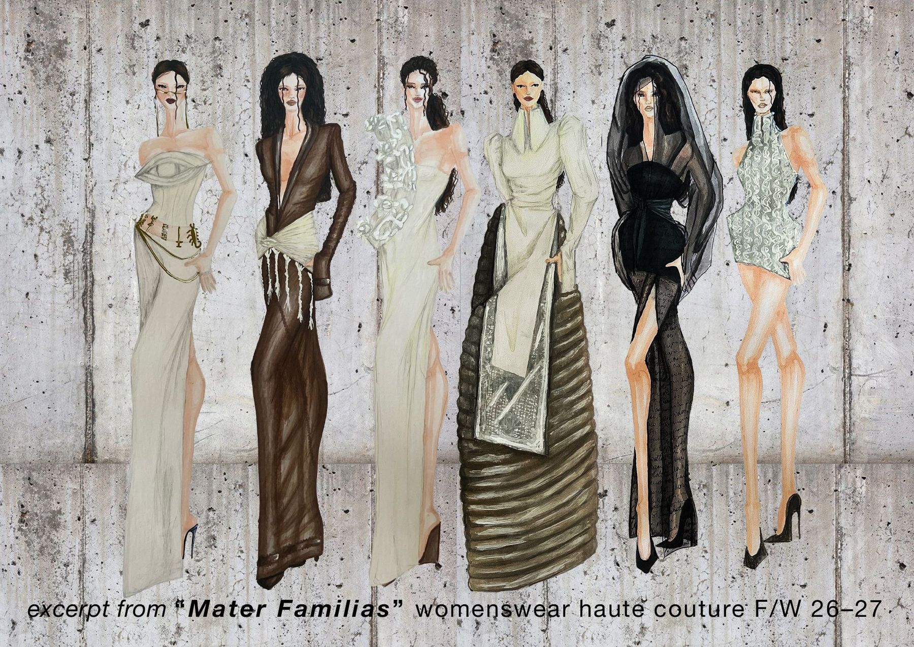 Six illustrated looks from the MATER FAMILIAS collection
