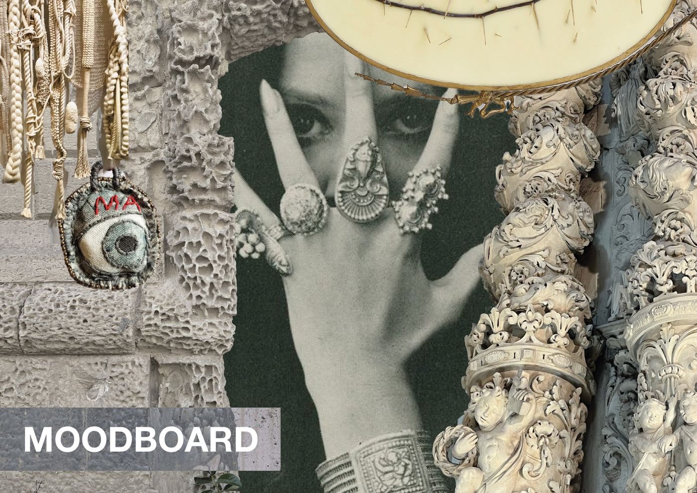 Moodboard with Baroque stone carving and a hand with silver rings